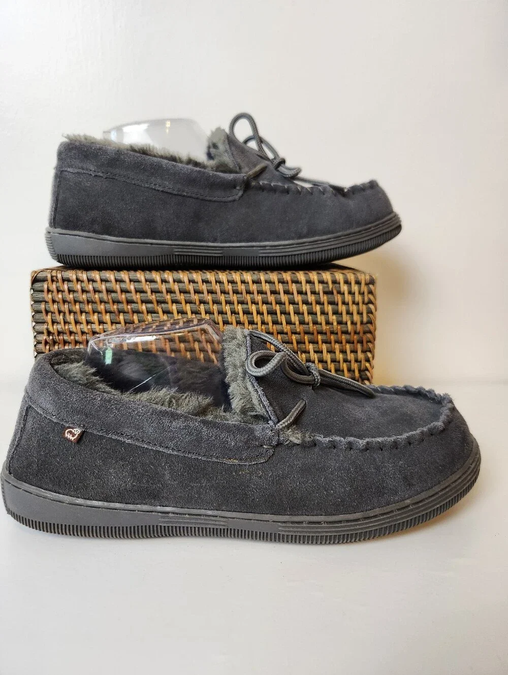 Lamo Theo Gray Suede Faux Fur Lined Foam Footbed Moccasin Slipper Shoes